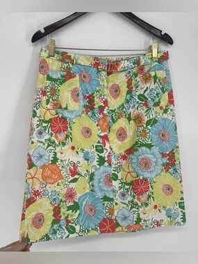 Talbots Spring Colored Floral Belted Skirt Cotton Stretch Straight Skirt Size 10